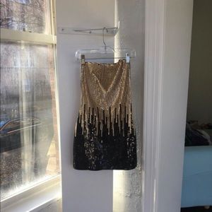 Strapless Gold and Black bebe Sequin Dress